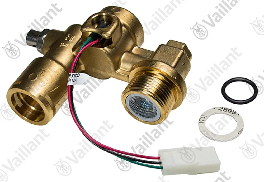 Vaillant Flügelradsensor aus Messing mit Kabelverbindung, verziert mit einem Schutzgitter und einer Dichtung, geeignet für Heizungsanwendungen.